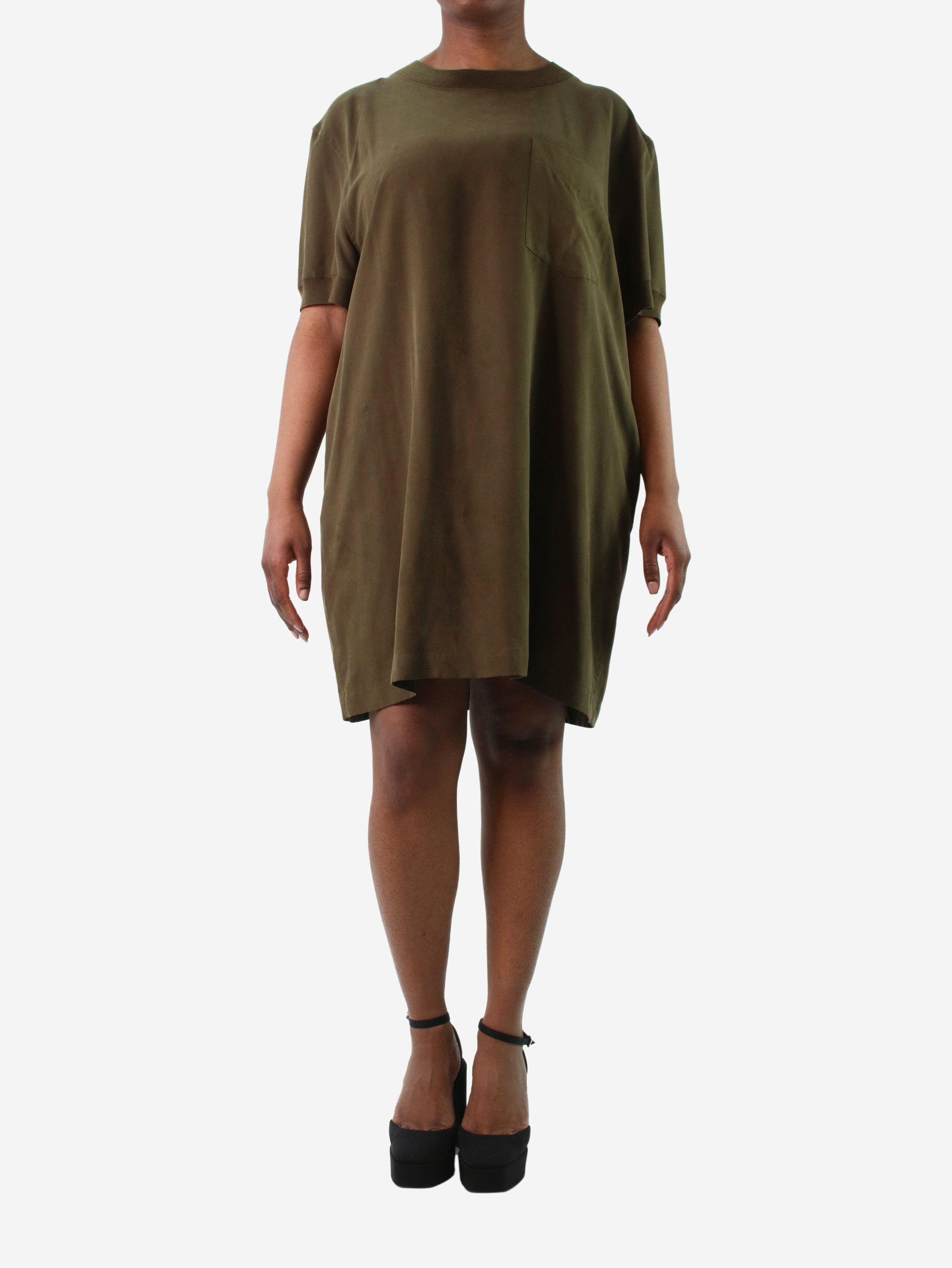 image of Margaret Howell Khaki Short-Sleeved Pocket Dress - Size Uk 14, Women's