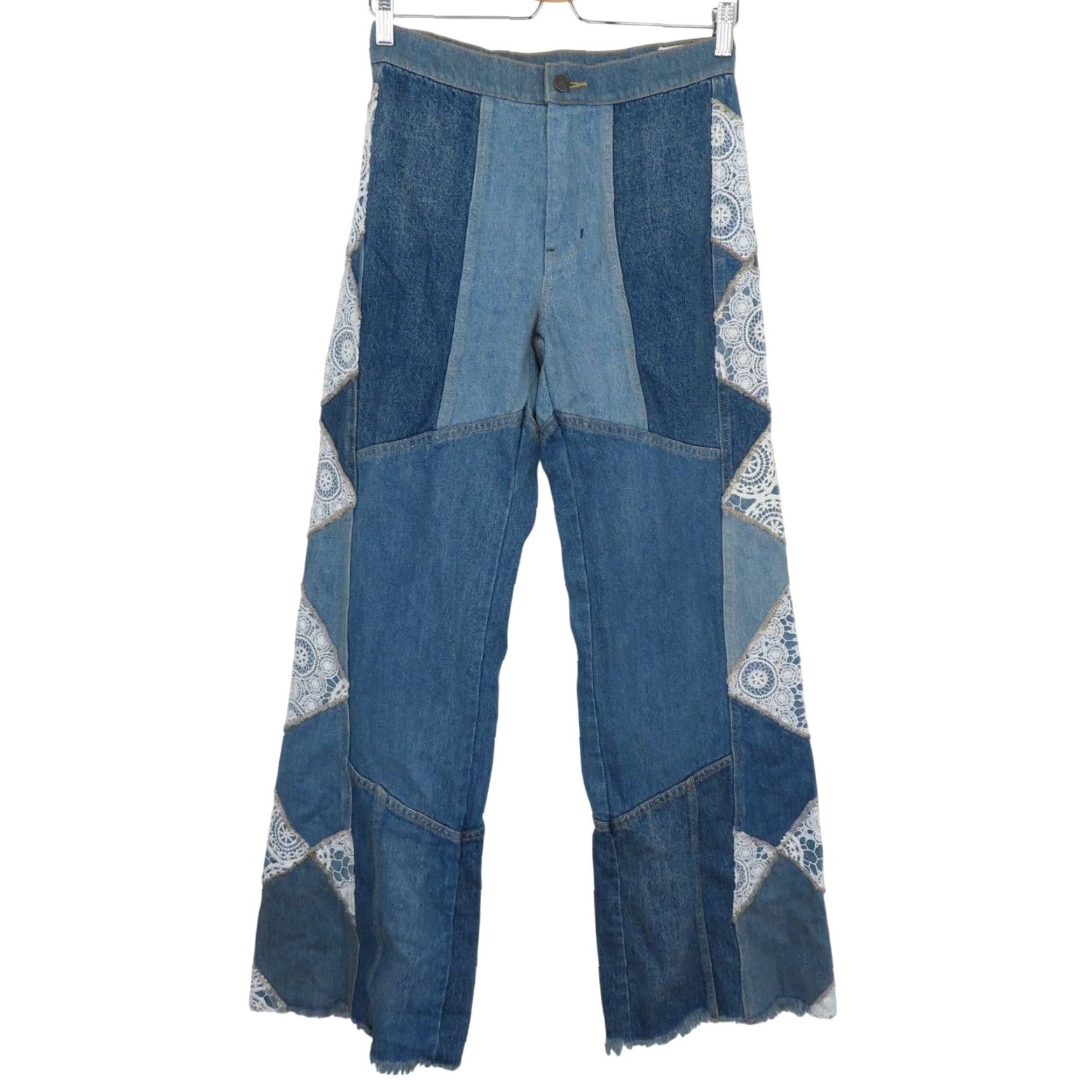 Vintage We The Free by Free People Kaleidoscope Denim Jeans Lace Patchwork Wide-Leg 25 Blue Womens NEW Size 42" / US 20 - 2 Thumbnail