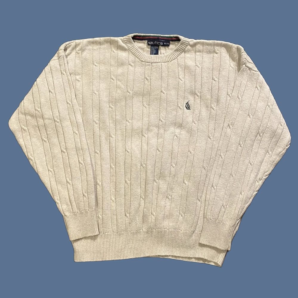 Nautica VINTAGE Nautica Cable-Knit Sweater Cotton & Linen Blend Ivory XL Men’s Crew Neck Long Sleeve Embroidered Logo 90s Preppy Classic Fit Pullover Size US XL / EU 56 / 4 - 1 Thumbnail