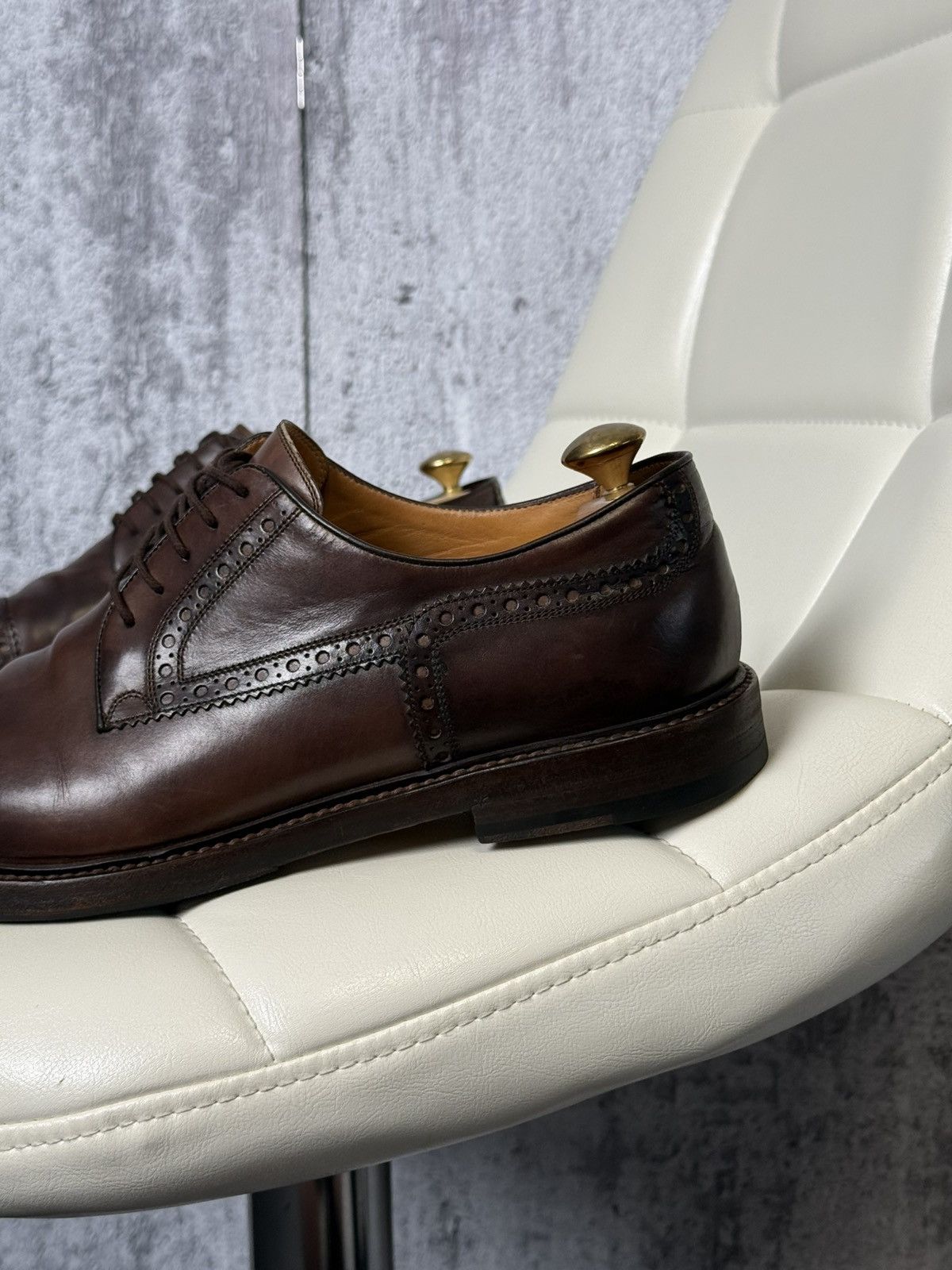 Gucci Gucci Men's Brown Leather Cap-Toe Semi-Brogue Derby Shoes Size US 10.5 / EU 43-44 - 4 Thumbnail