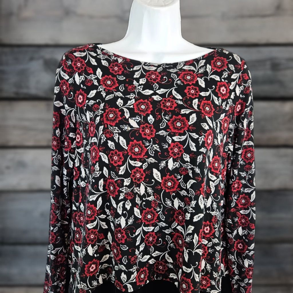 J. Jill J Jill Wearever Collection Womens Top Sz Small Red Black Floral Velvet Hem Blouse Long Sleeve Knit Pullover Multicolor Floral Pattern Shirt Womens Size S / US 4 / IT 40 - 1 Thumbnail