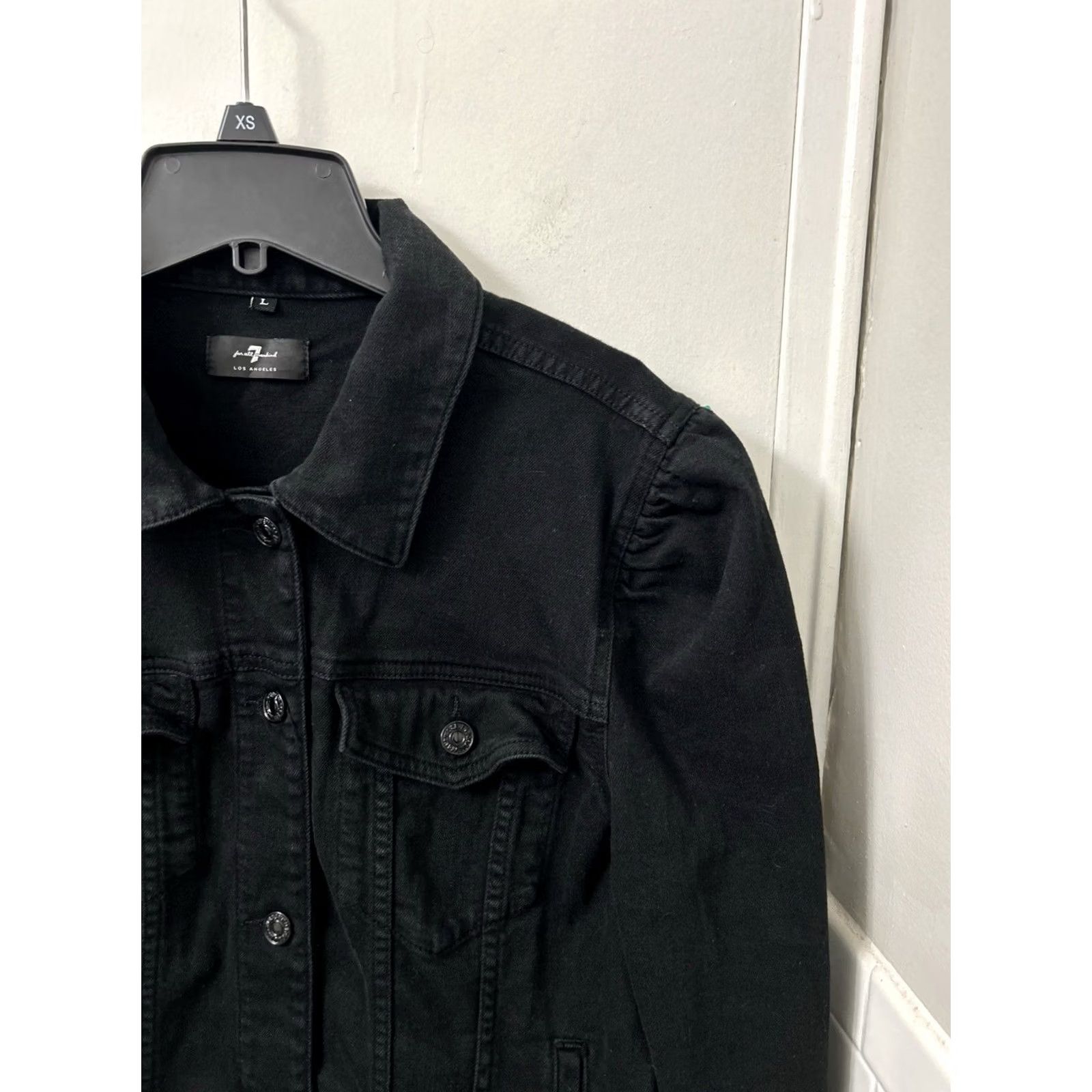 7 For All Mankind 7 For All Mankind Denim Jacket Womens L Black Pockets Logo Long Sleeve Button Front Short | 7 For All Mankind Women’s Jacket Black Denim L Size L / US 10 / IT 46 - 4 Thumbnail