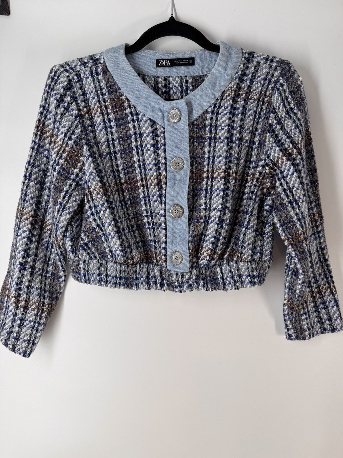 Zara ZARA Tweed Textured Crop Long Sleeve Denim Blue Blazer Size L / US 10 / IT 46 - 2 Thumbnail