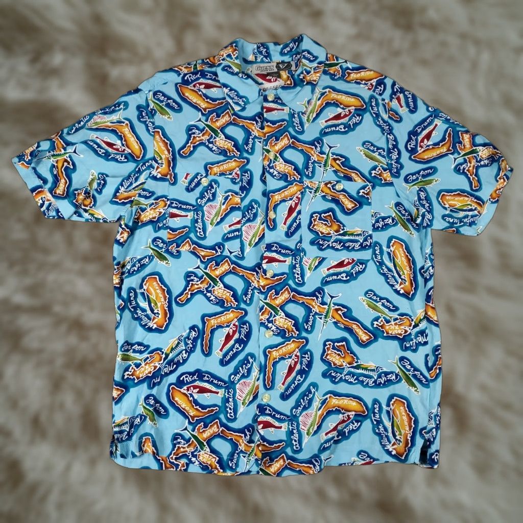 Guess VINTAGE Monzini Shirt Mens Large Blue Hawaiian Button-Up Rayon Button-Up Adult Large Blue Geometric Pattern 90s? (if era uncertain, avoid) Mens Size US L / EU 52-54 / 3 - 1 Thumbnail