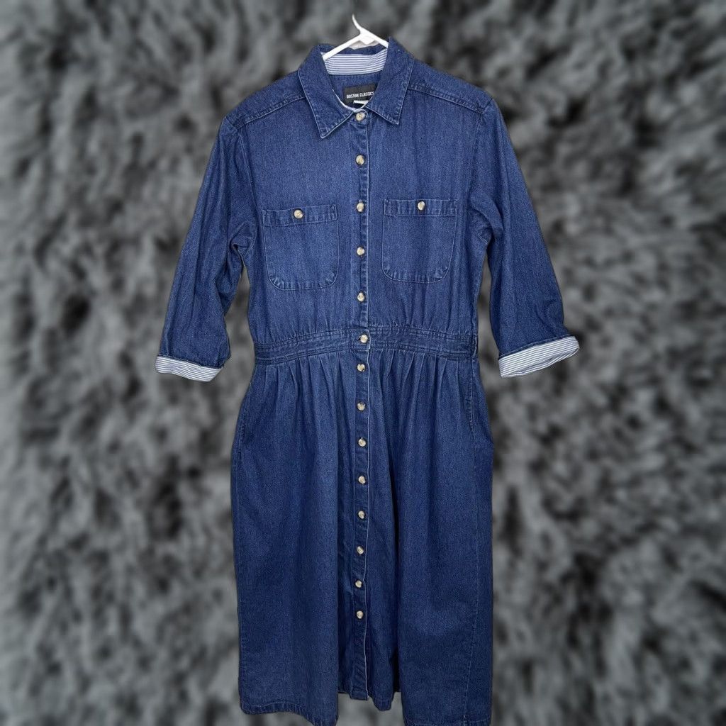 VINTAGE 90s Boston Classics Shirt Dress Women Medium Blue Denim Pockets Cottagecore Midi