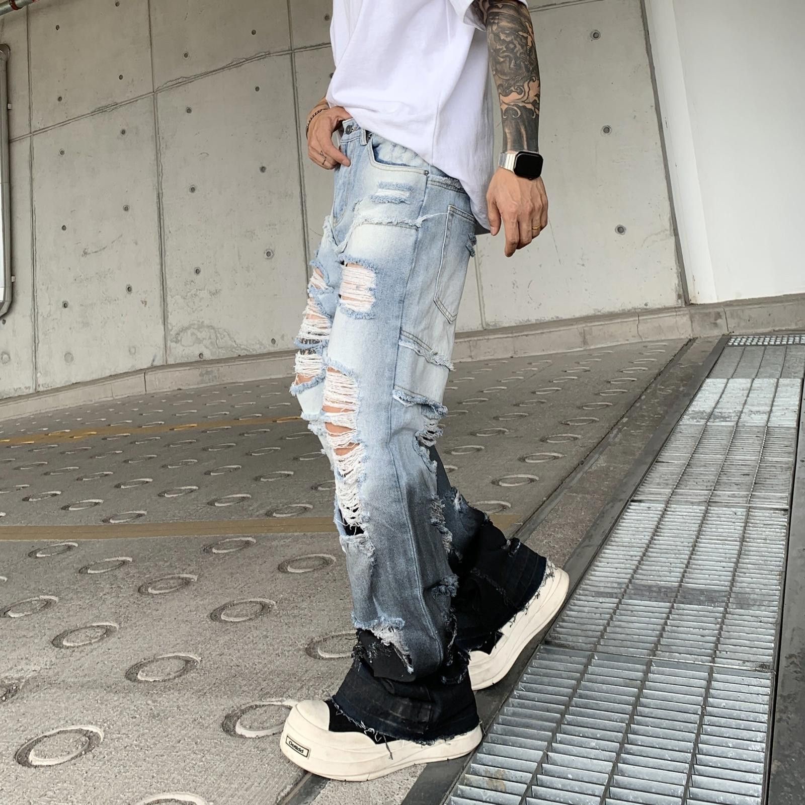 Japanese Brand Light Blue Distressed Baggy Wide Leg Jeans Size US 32 / EU 48 - 3 Thumbnail