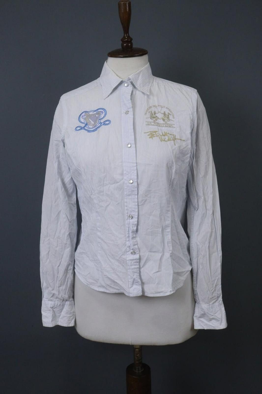 La Martina La Martina White Blue Striped Snap Front Short Top Size L Size L / US 10 / IT 46 - 1 Thumbnail