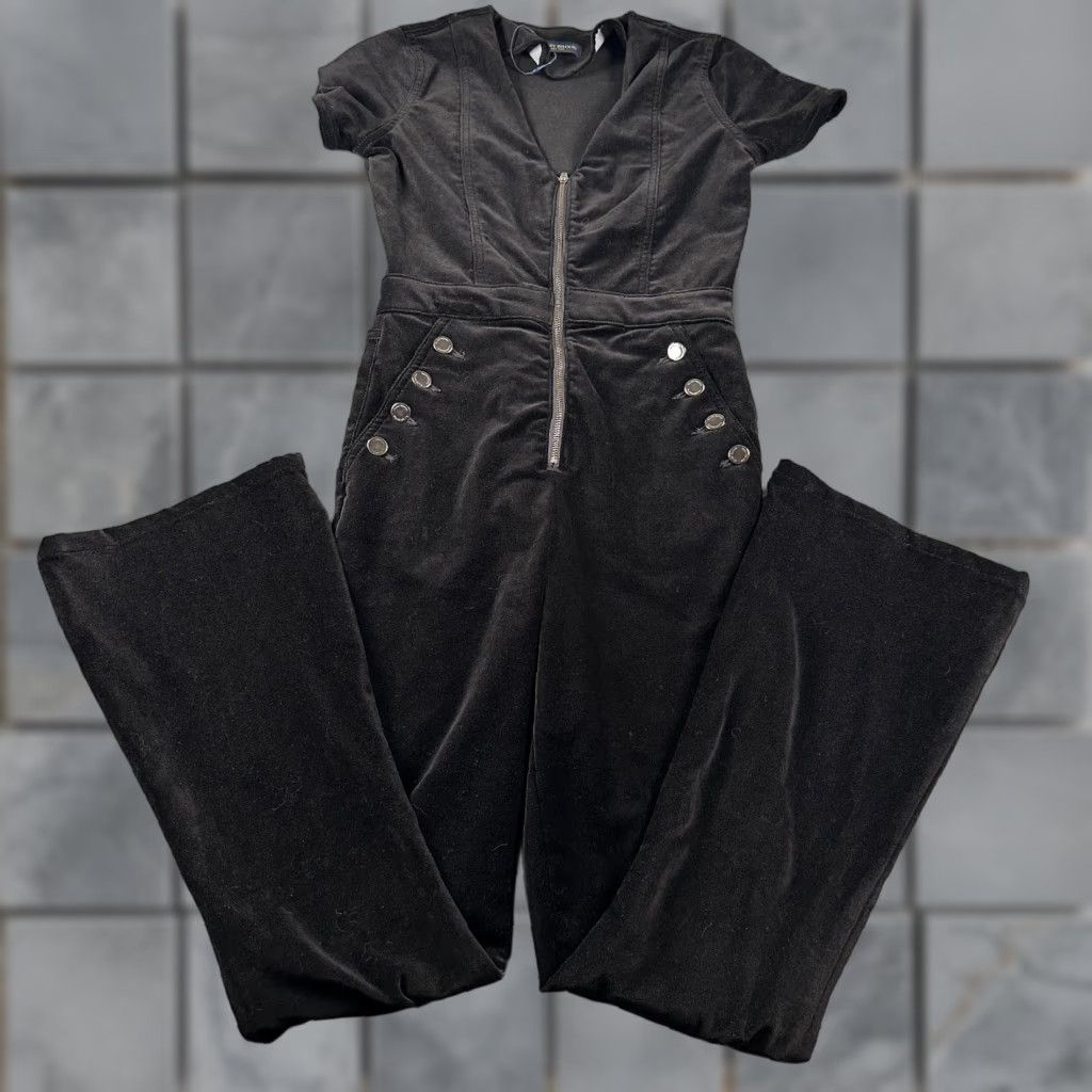 Ramy Brook Black Velveteen Fitted Flared Jumpsuit Women 26 Cotton V-Neck Zipper Pockets 65% Cotton 33% Viscose 2% PU N/A