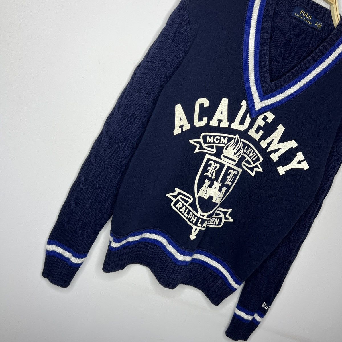 Polo Ralph Lauren × Vintage Polo Ralph Lauren Academy Mens Cable Knit Navy Sweater Size US S / EU 44-46 / 1 - 3 Thumbnail