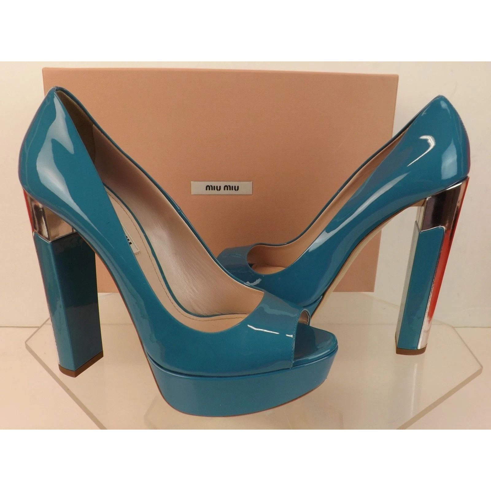 Prada MIU MIU PRADA 5KP26 BLUE PATENT LEATHER SILVER HEEL PUMPS 36 Size US 6 / IT 36 - 3 Thumbnail