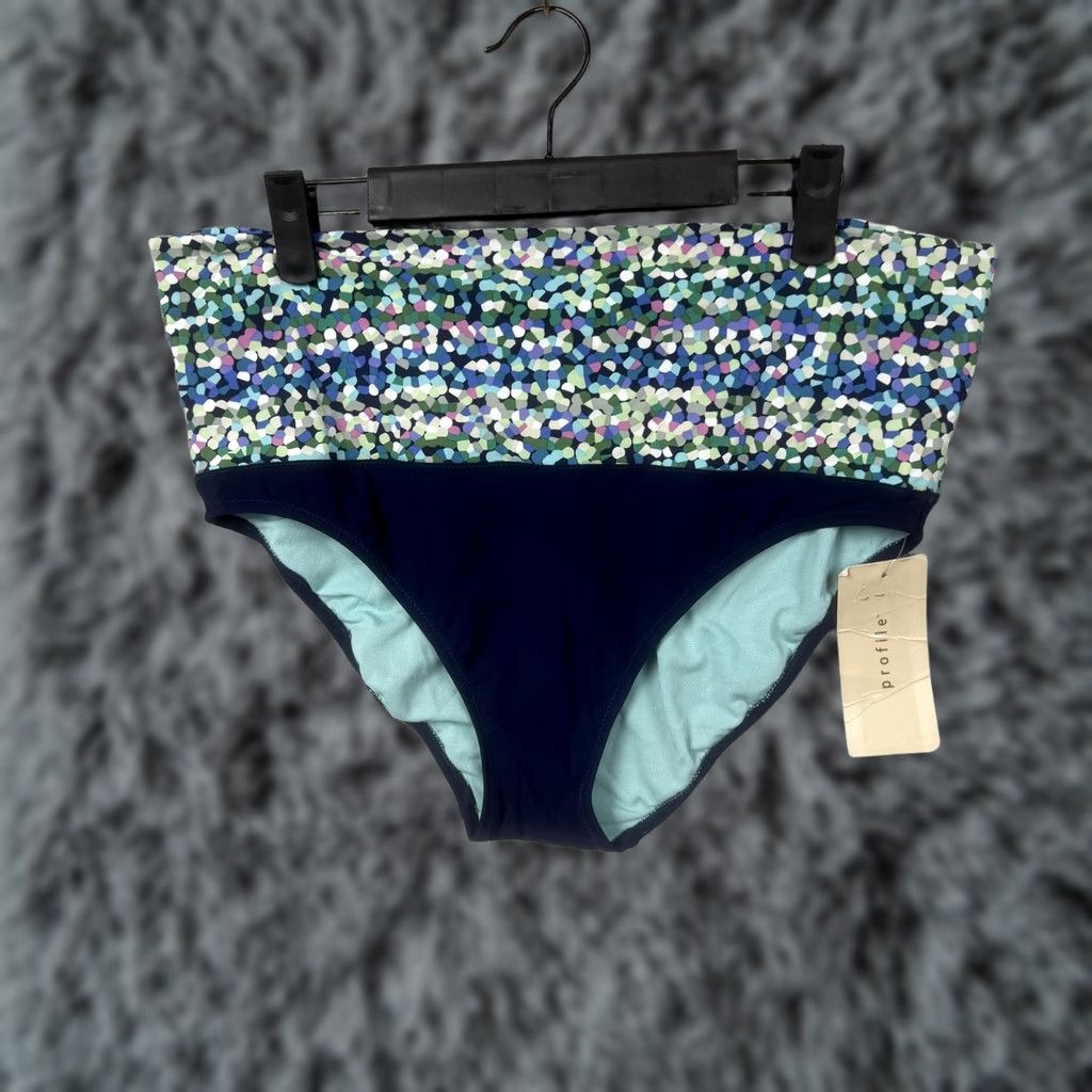 Vintage Profile by Gottex Bikini Bottom 12 High-Waisted Blue Spotted Mosaic Swimwear Women Adjustable Waist Quick-Dry Lined Size 34" / US 12 / IT 48 - 1 Thumbnail