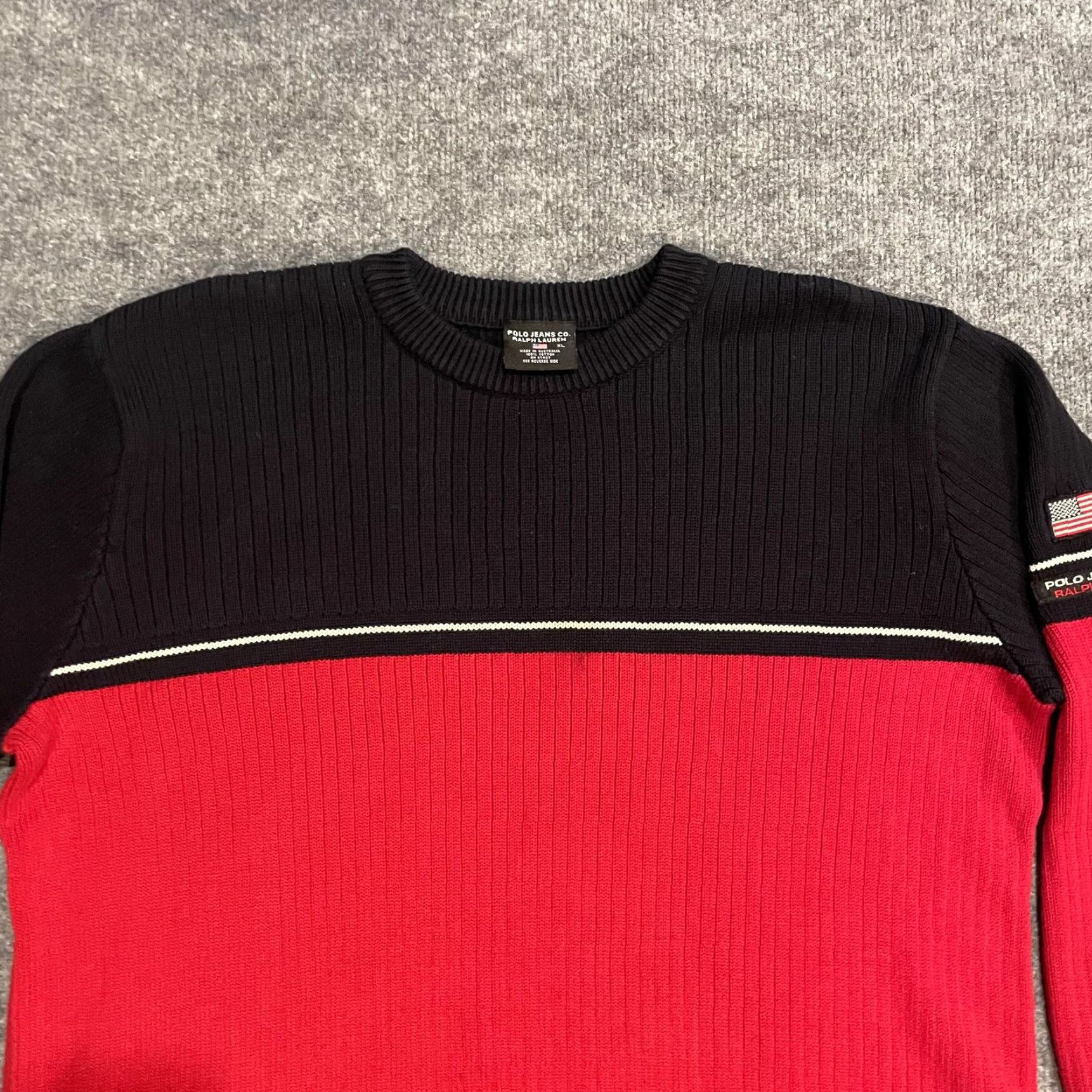 Ralph Lauren Polo Jeans Co Ralph Lauren Sweater Mens XL Black Red Knit Crewneck Flag Patch Striped USA Patriotic Embroidery Size US XL / EU 56 / 4 - 3 Thumbnail