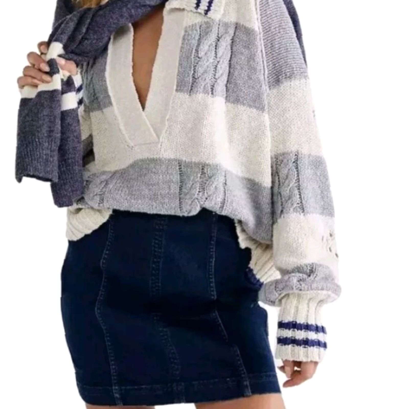 Free People Free People Sweater Womens Pullover Collar V Neck Striped Cable Knit Gray S Size S / US 4 / IT 40 - 2 Thumbnail