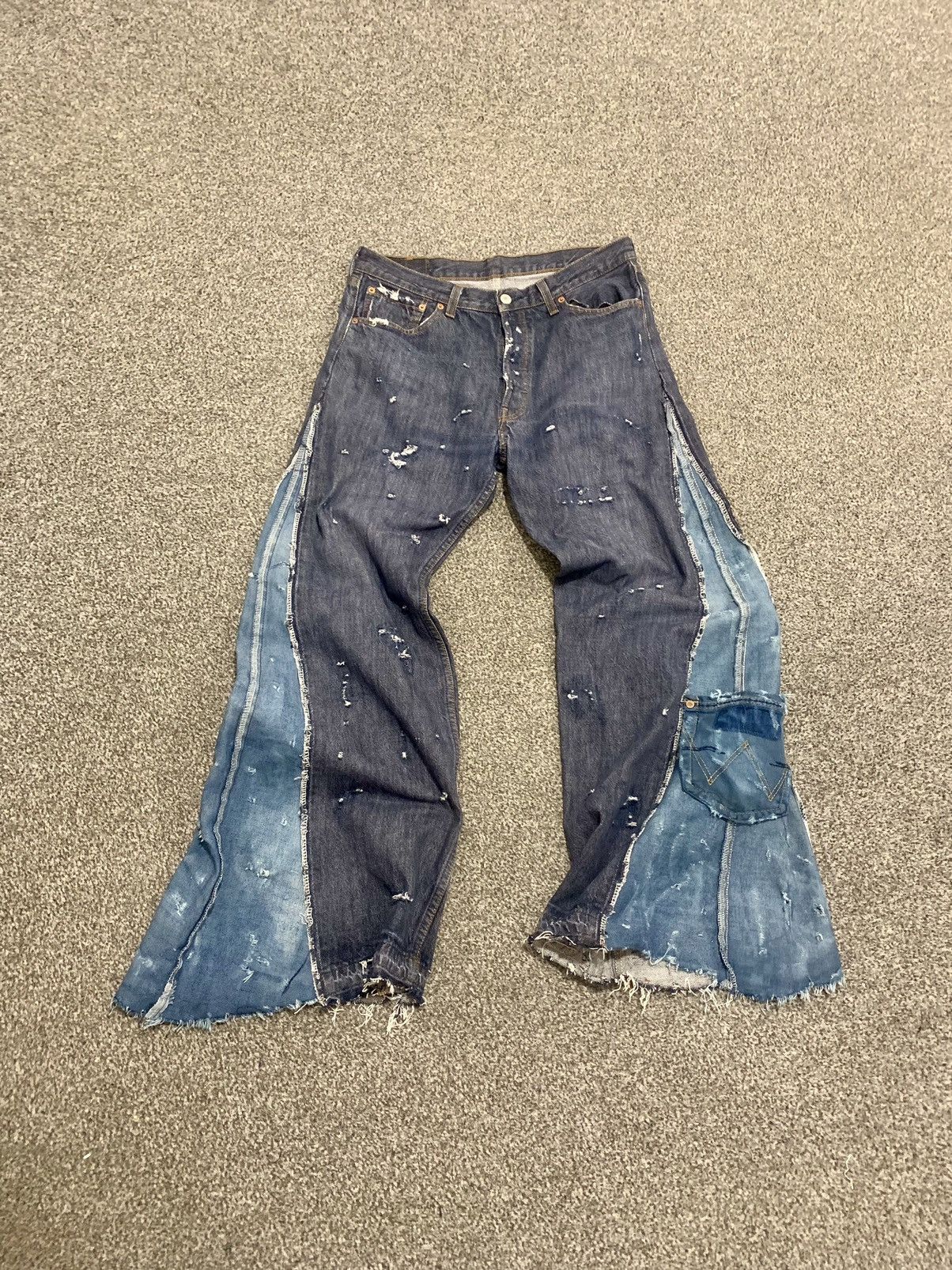 image of Engineered Garments Wide Patchwork Distressed Flared Denim Y2K Opium Pants in Raw Denim (Size 33)