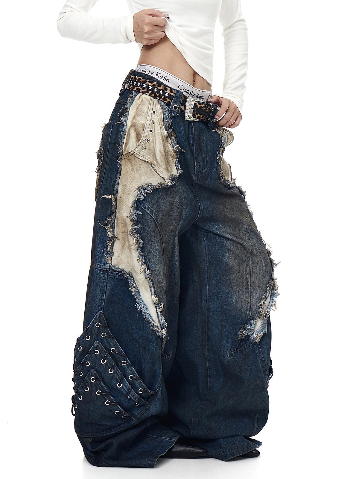 Jean Patchwork Distressed Wide Leg Denim Jeans, Baggy Fit Size US 32 / EU 48 - 4 Thumbnail