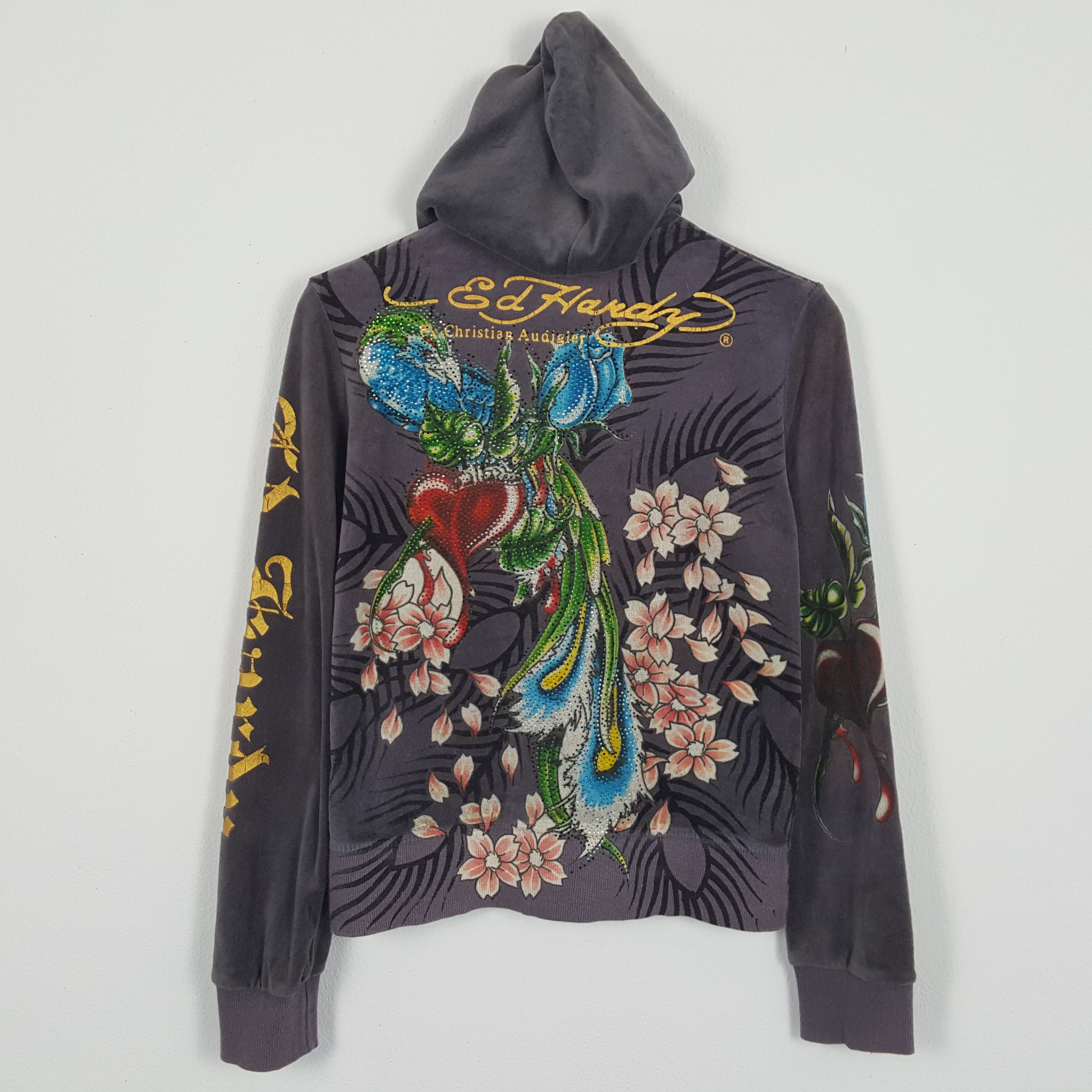 image of Christian Audigier x Ed Hardy Flowers Design Fashion Style Zipper Hoodies in Grey, Men's (Size XS)