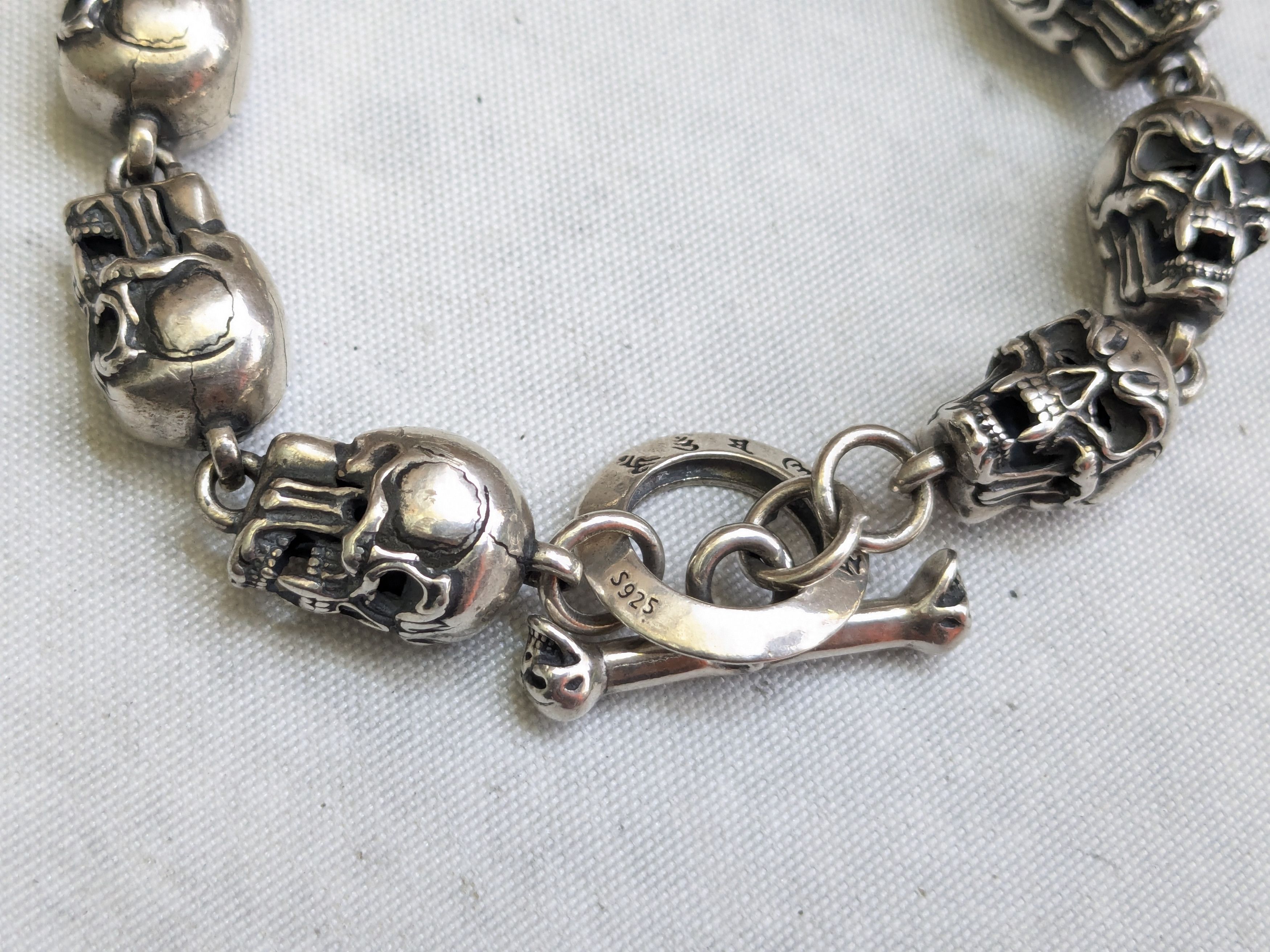 Jewelry Sterling Silver Skull Bracelet 6.75" Biker Punk Skeleton Size ONE SIZE - 6 Thumbnail