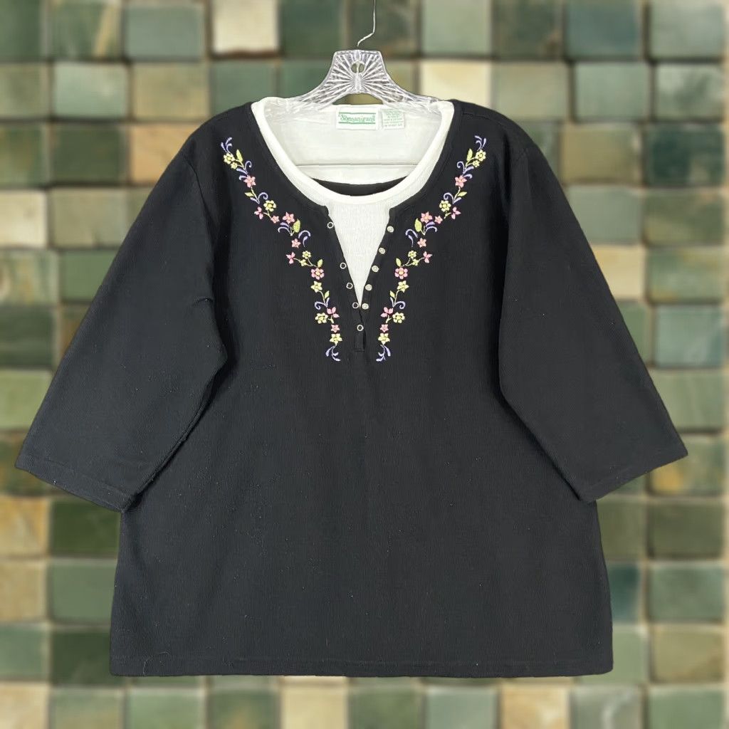 Vintage VINTAGE Shenanigans Blouse Women’s XL Black Embroidered Flower Shirt Womens Size XL / US 12-14 / IT 48-50 - 1 Thumbnail