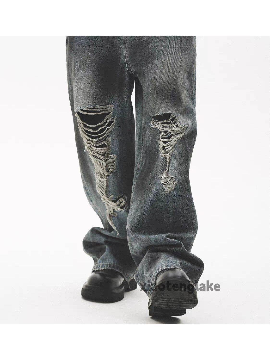 Unisex washed punk grunge loose stain ripped jeans