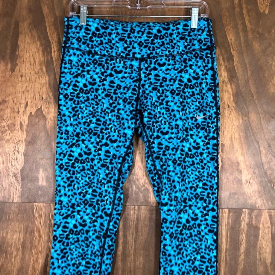 Nike Nike Dri Fit Womens Leggings Blue Black Leopard Pull On Medium Inseam 27.5in Lightweight Breathable Stretch Busy Activewear Casual Womens Size 32" / US 10 / IT 46 - 2 Thumbnail