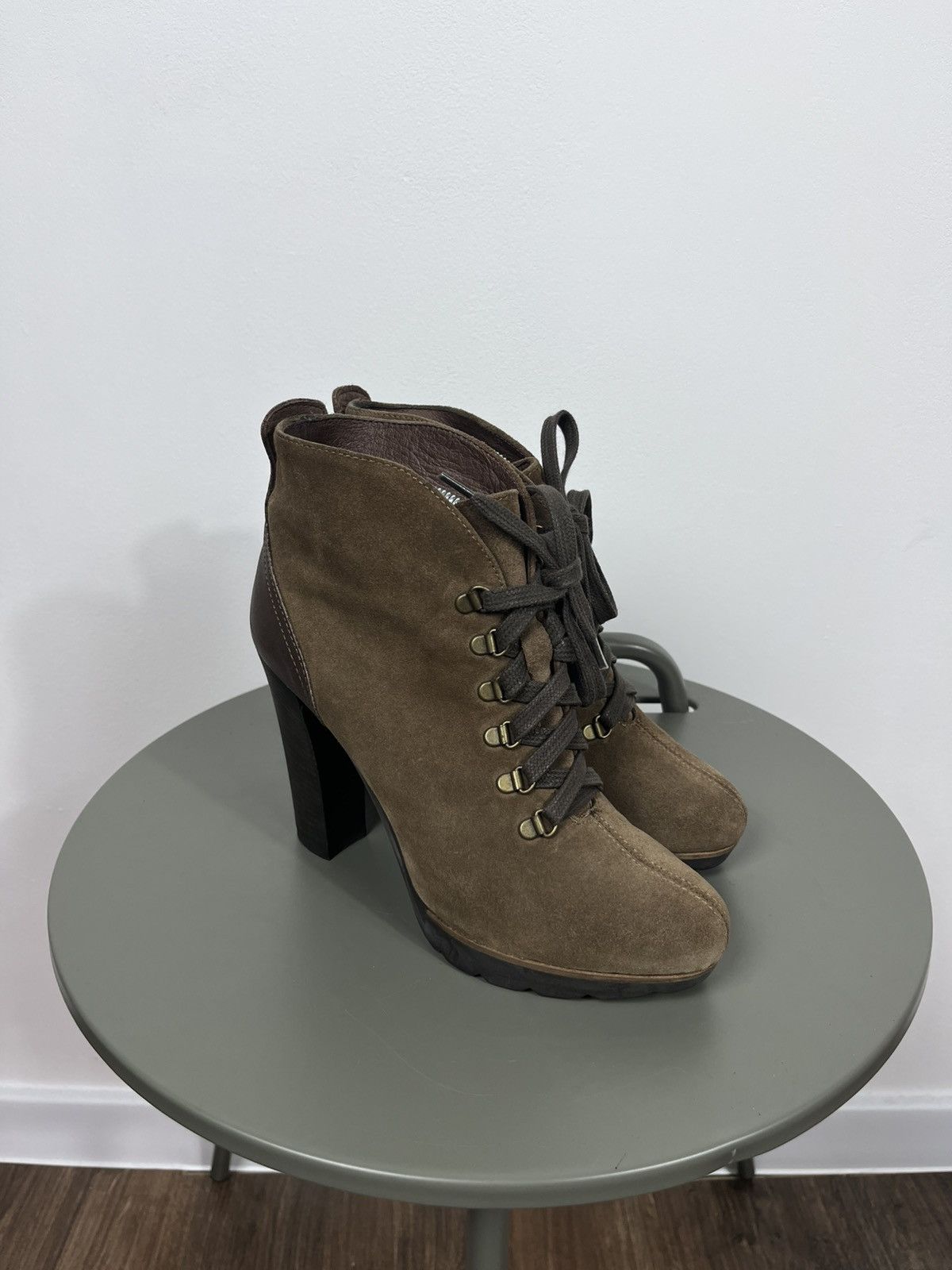 Brown Suede Lace-Up Chunky Heel Ankle Boots Lug Sole