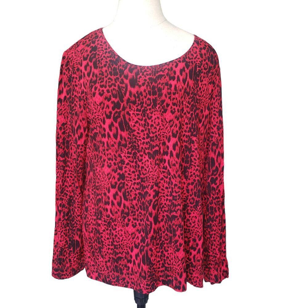 Chicos CT1526 Chico's Red & Black Long Sleeve Animal Print Top L Size L / US 10 / IT 46 - 1 Thumbnail