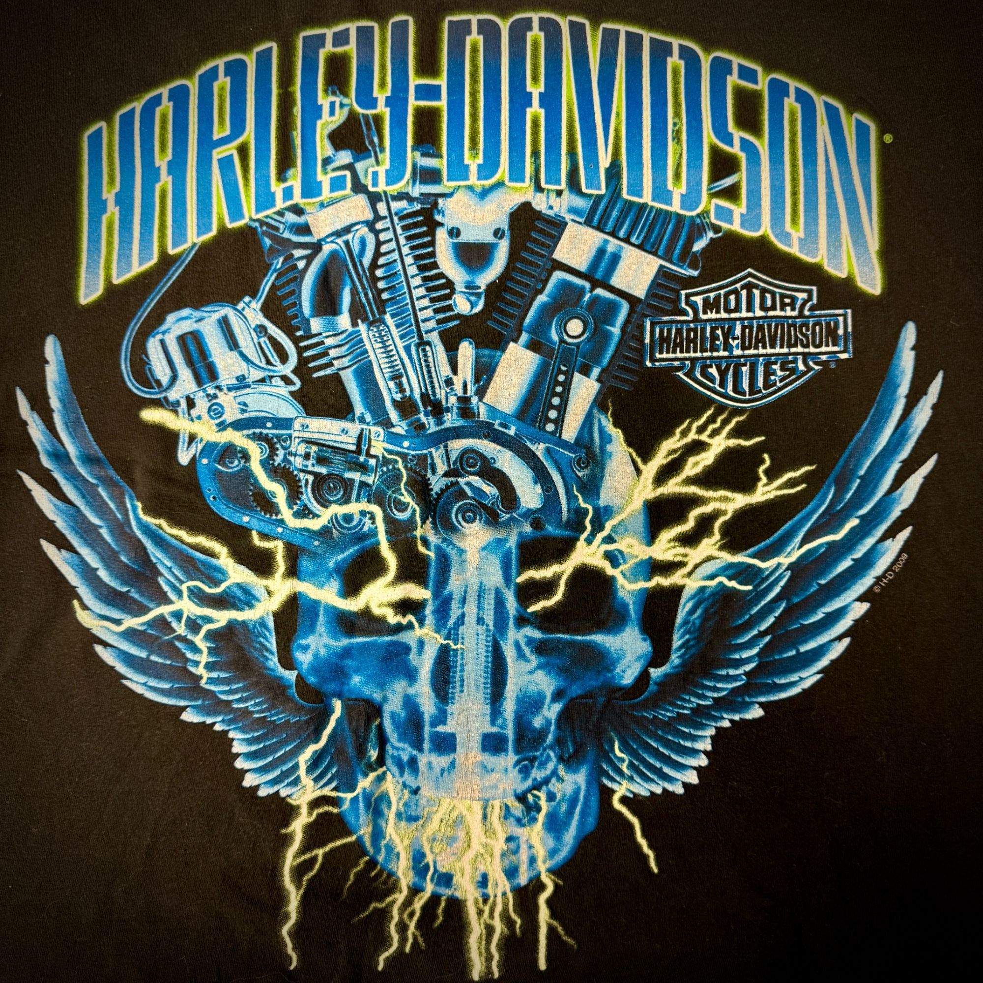 H-D ELECTRIC BLUE Motorcycle SKULL w/Wings Jamaica Biker Tee