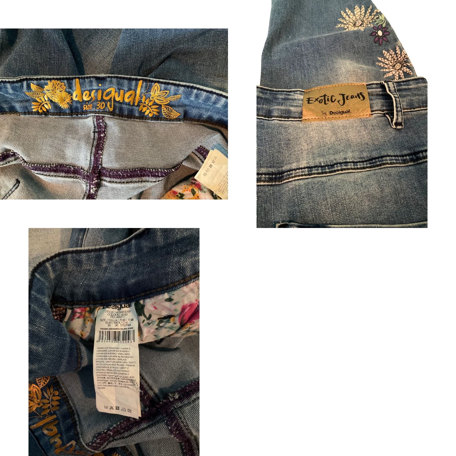 Desigual VINTAGE DESIGUAL Skinny Jeans 30 x 27 Womens Floral Embroidered Denim Blue 18SWDD59 Y2K Vibes Size 30" / US 8 / IT 44 - 9 Thumbnail