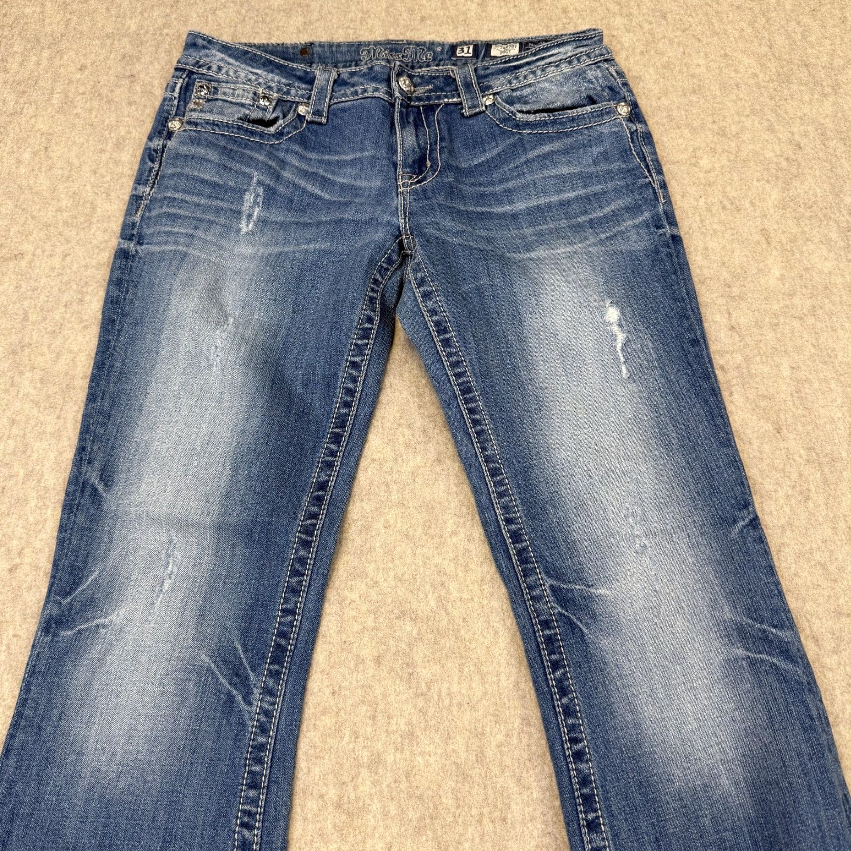 Miss Me Miss Me Bootcut Jeans Womens 31 Distressed Pockets Rhinestone Denim Blue 31 Inseam Jeans Women Bling VINTAGE Size 24" / US 00 / IT 34 - 2 Thumbnail