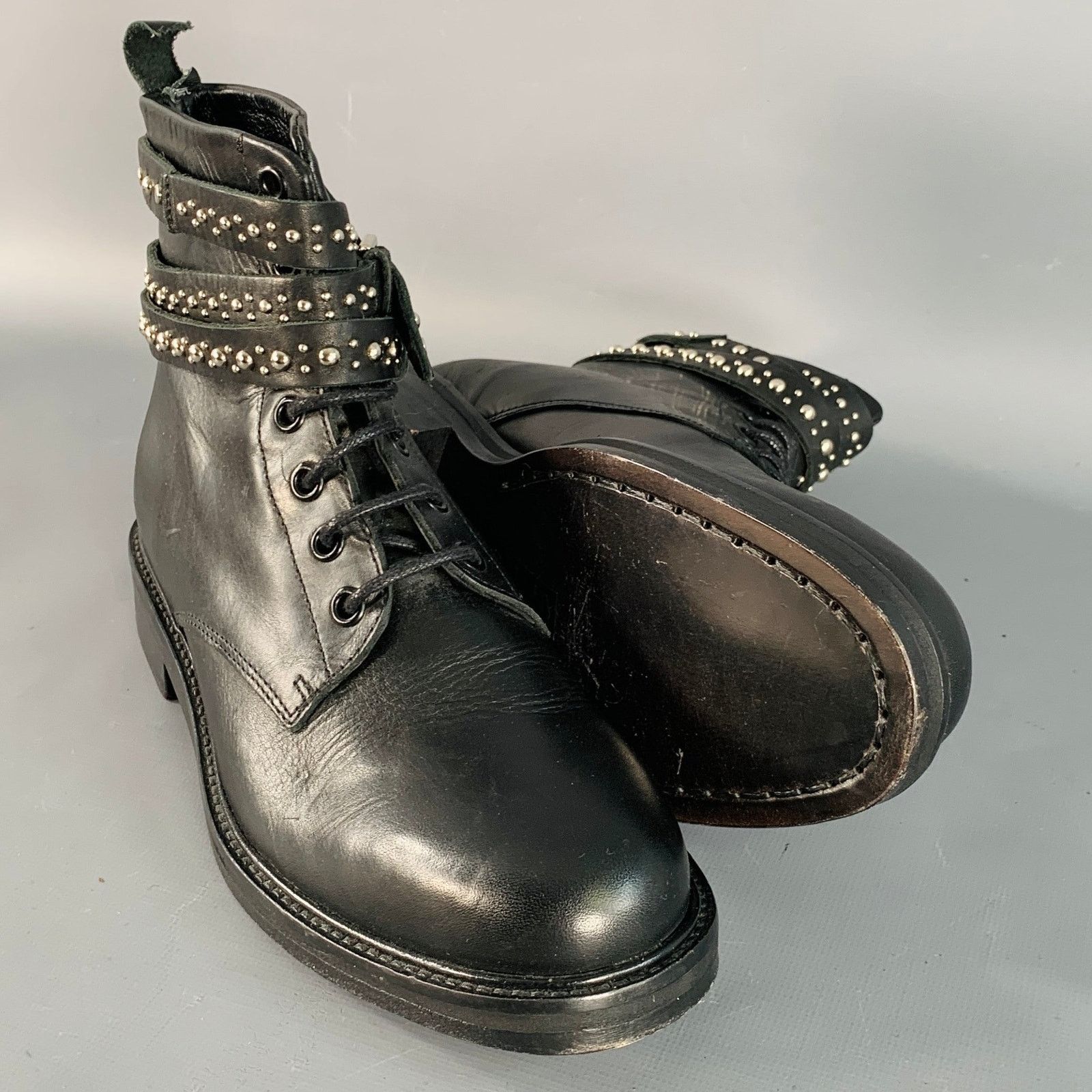 Maje MAJE 7 Black Studded Leather Wrap Around Lace-Up Ankle Boots Size US 7 / IT 37 - 5 Thumbnail
