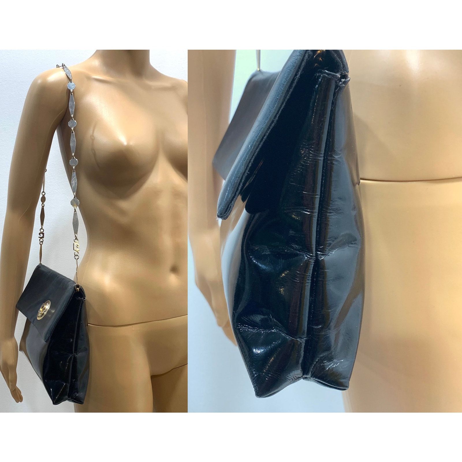 Pierre Cardin 60s MOD Pierre Cardin Black Patent Leather Bag Logo Chain Size ONE SIZE - 6 Thumbnail