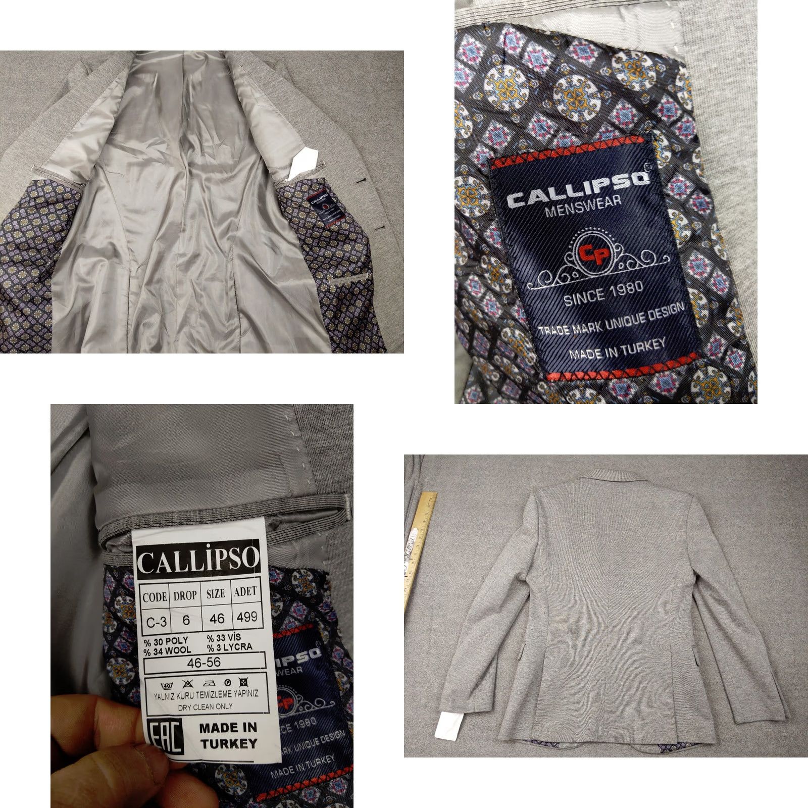 Vintage Callipso Mens Blazer Jacket Gray Heather Wool 36 3-Button Notch Lapel Single-Breasted 2 Button Casual Business Formal Fall Winter Tweed Italy Mens Size 36R - 8 Thumbnail