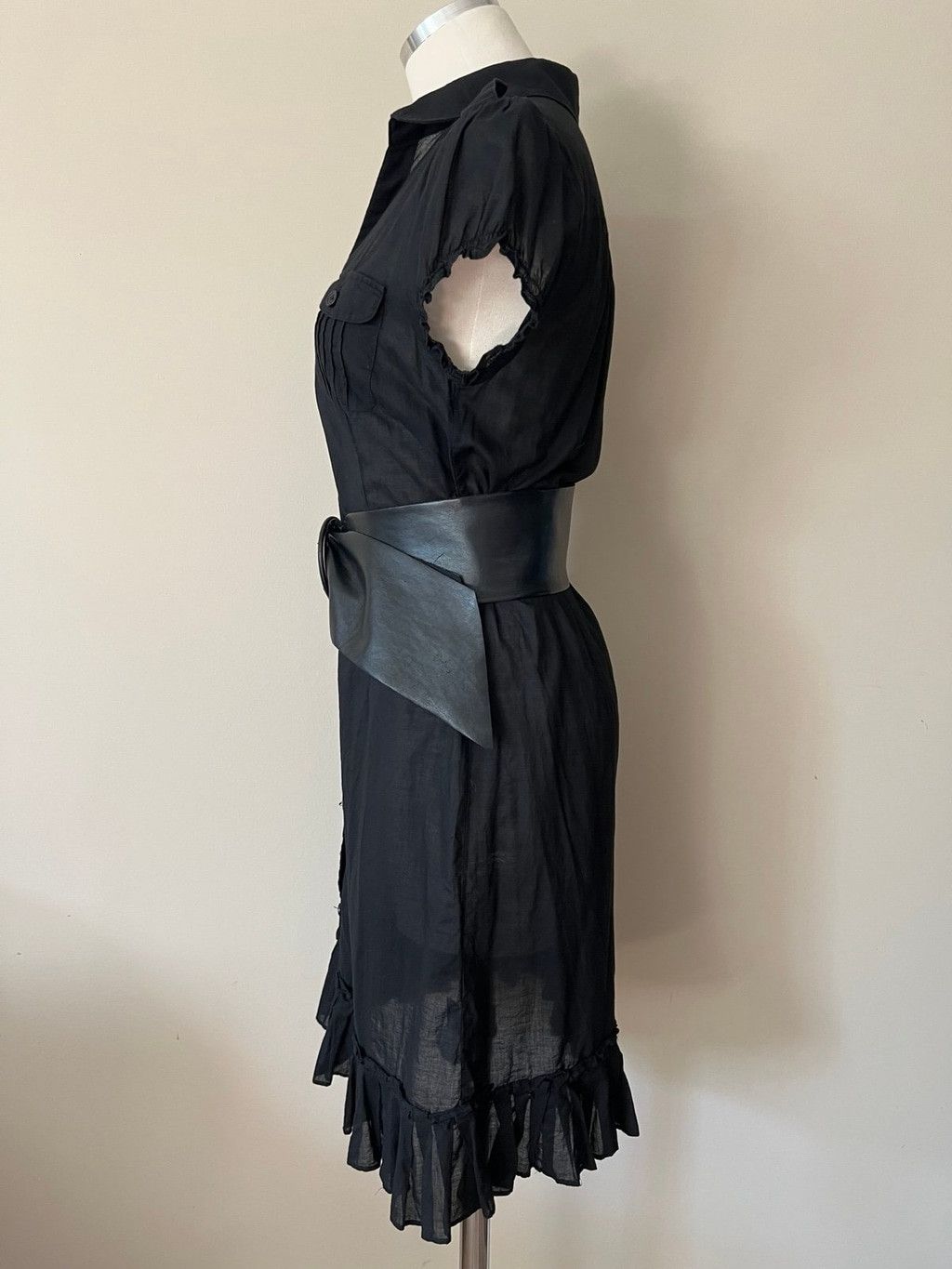 Vintage 1990s - Y2K Black Cotton Button Front Shirt Dress w/Ruffle Size S / US 4 / IT 40 - 2 Thumbnail