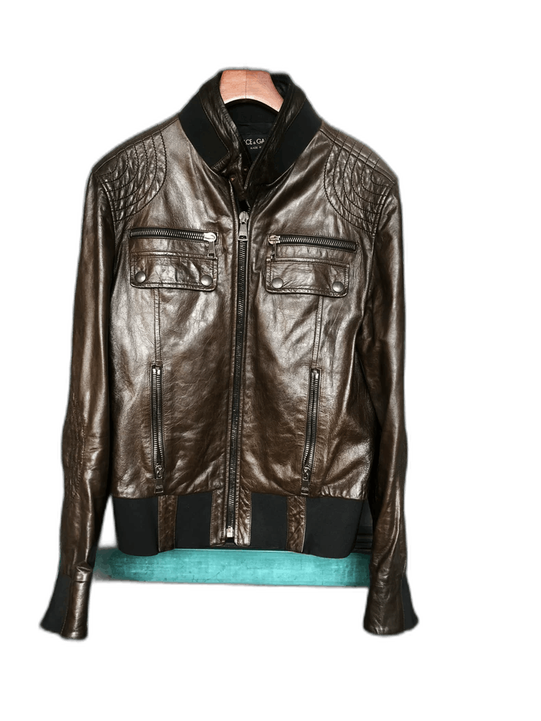 Dolce & Gabbana Brown Leather Jacket with Quilted Details Size US L / EU 52-54 / 3 - 1 Thumbnail
