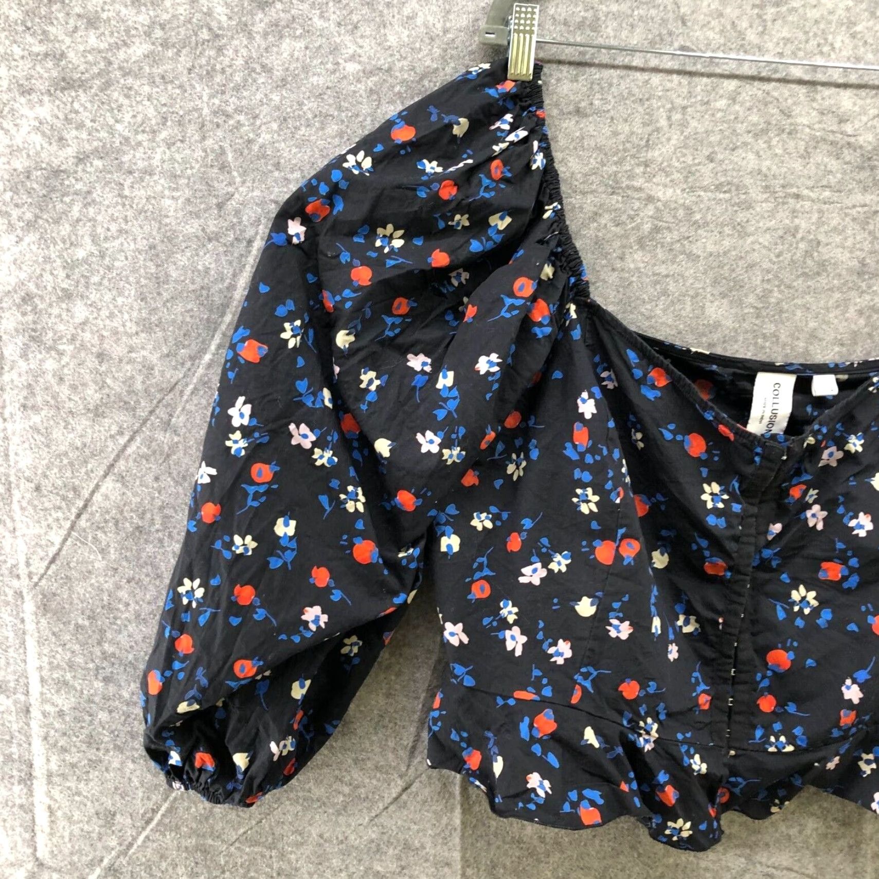 Vintage Asos Collusion Corset Square Neck Crop Top Womens 20 Puff Sleeve Blue Floral Cotton Blouse Size 3XL / US 20-22 - 4 Thumbnail