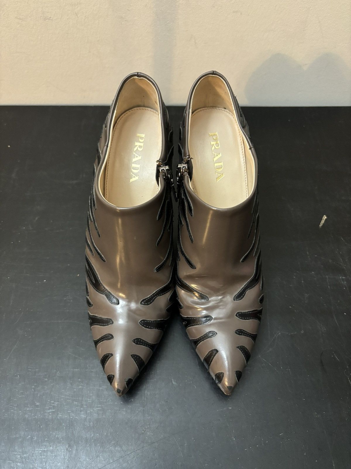 Prada Prada Leather Tiger Stripe Heeled Booties Brown Black Size US 7.5 / IT 37.5 - 2 Thumbnail