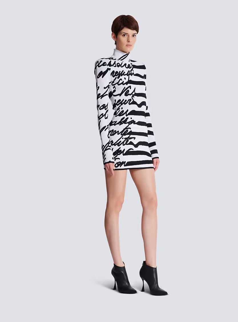 Balmain o1s1wg111225 Striped jacquard Knit Dress in White/Black Size L / US 10 / IT 46 - 2 Thumbnail