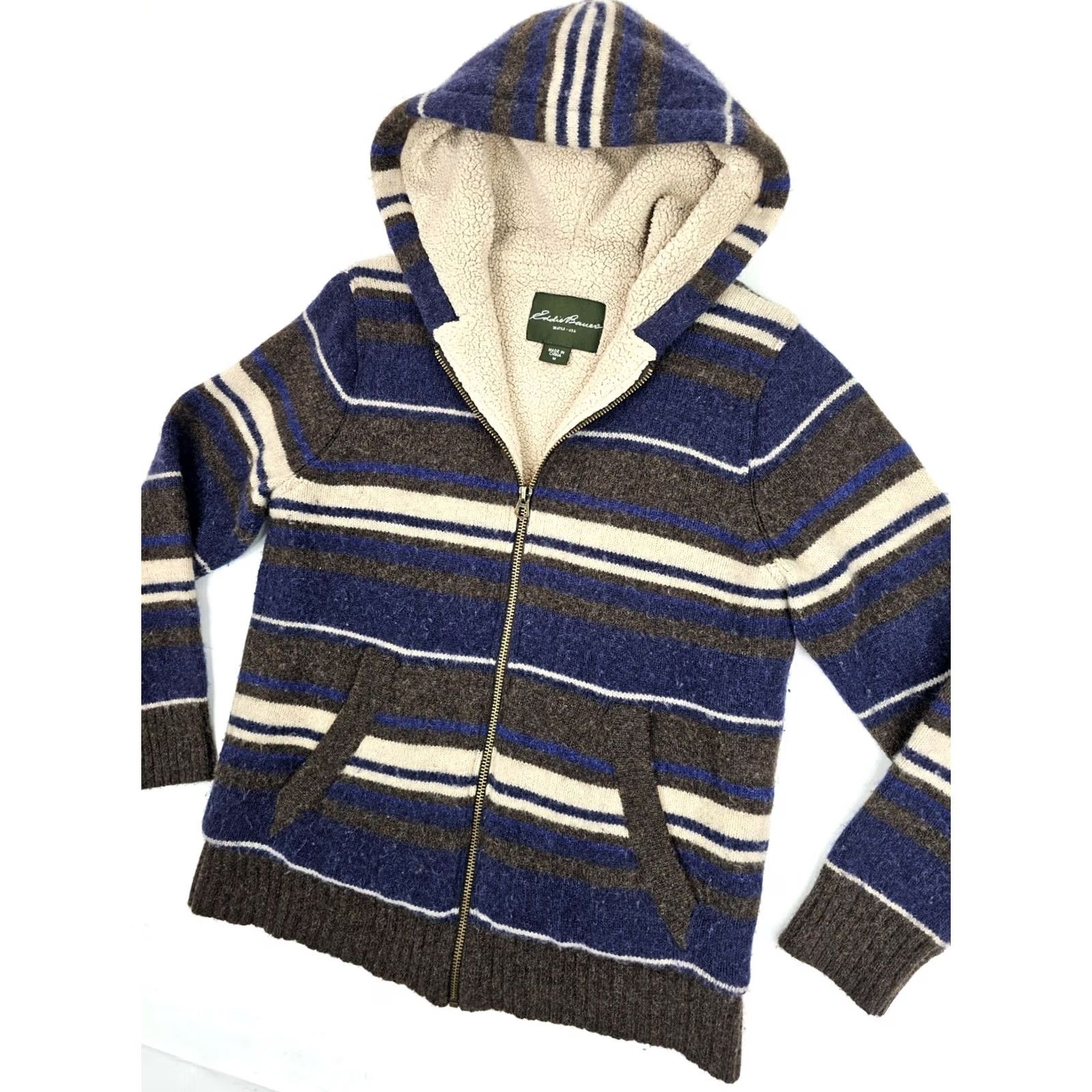 Eddie Bauer EDDIE BAUER Lambswool Striped Full Zip Hoodie Men M EUC Knit Wool Flannel Hooded Pockets Heavyweight 80% Lambswool 20% Nylon Outdoors Mens Size US M / EU 48-50 / 2 - 2 Thumbnail