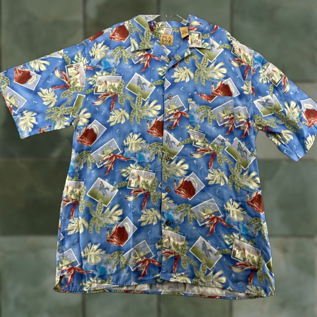 Jos. A. Bank VINTAGE Jos A Bank Silk Hawaiian Shirt Mens L Short Sleeve Tropical Palm Trees Blue 90s Summer Size US L / EU 52-54 / 3 - 1 Thumbnail