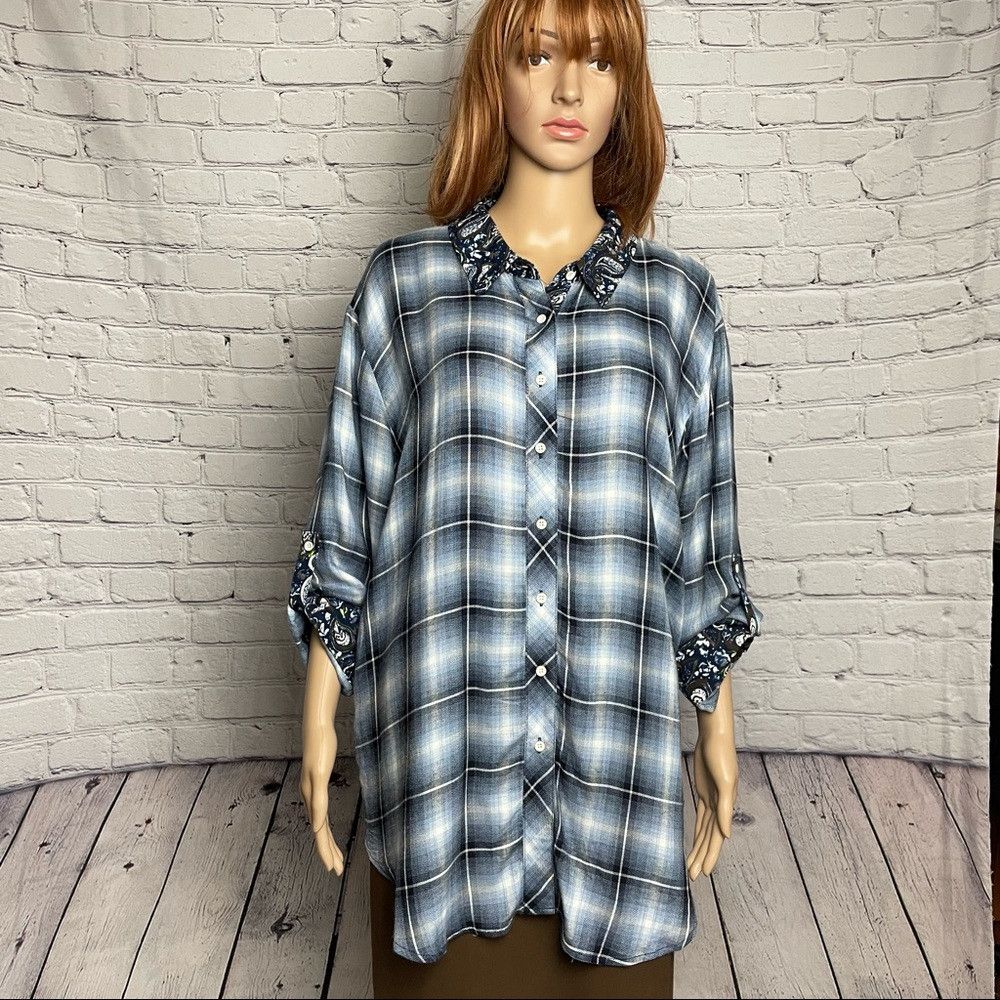 Other New Simply Noelle Blue Plaid Paisley Mixed Print Top Shirt Size L / US 10 / IT 46 - 1 Thumbnail