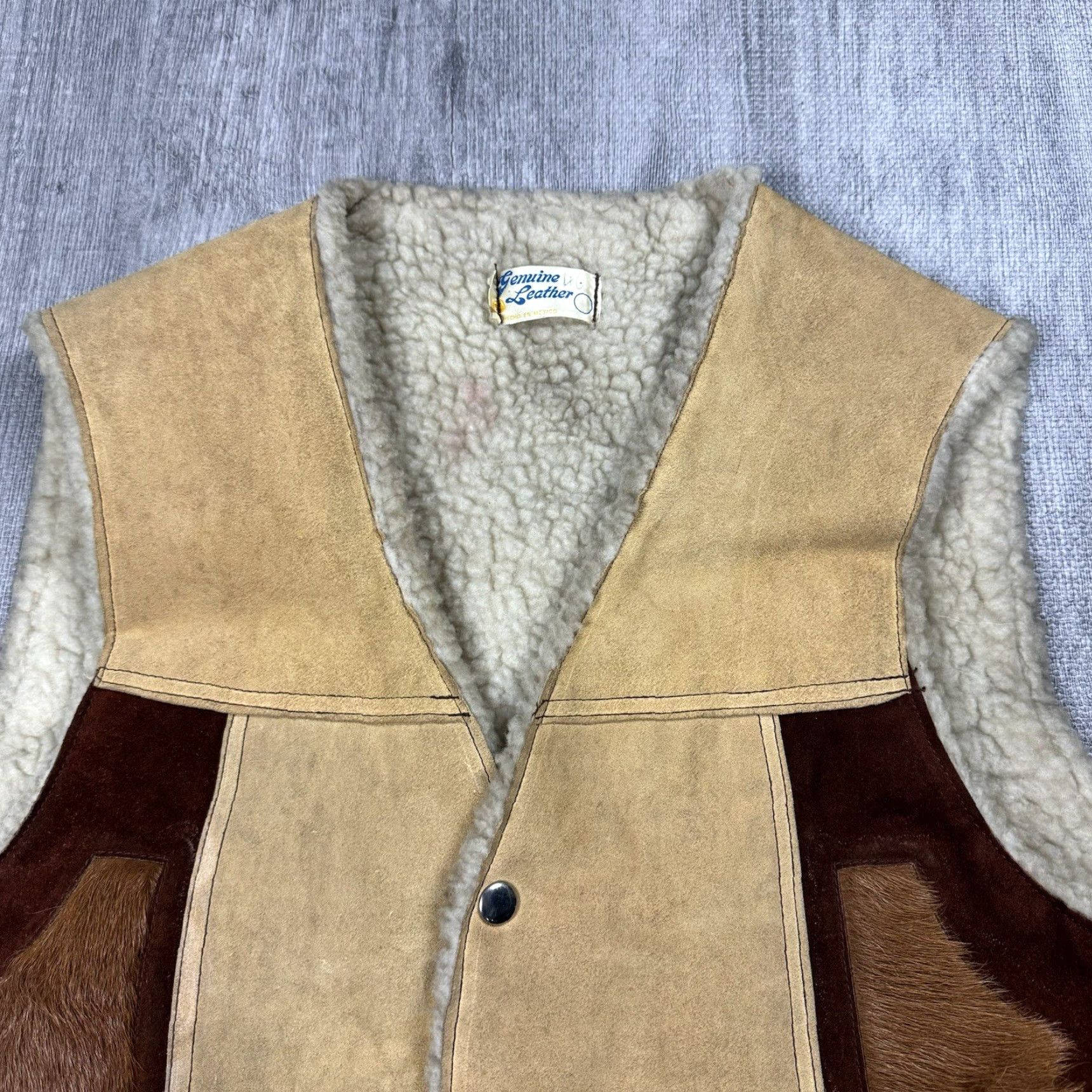 Vintage Vintage 70s Western Rockabilly Leather Snap Vest Mens Size 46 Brown Patchwork Buckskin Sherpa Lined Cold Weather Size US S / EU 44-46 / 1 - 2 Thumbnail