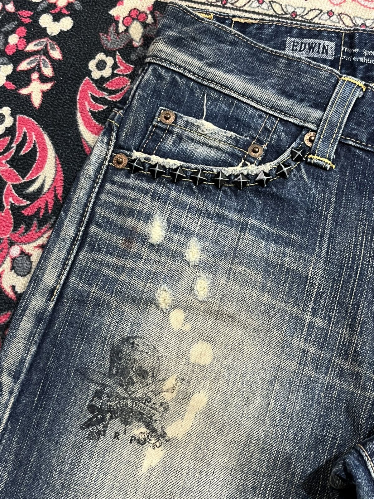 If Six Was Nine Edwin 503 Sashiko Pocket Studded Skull Painting Flare Jeans Size 28" / US 6 / IT 42 - 5 Thumbnail