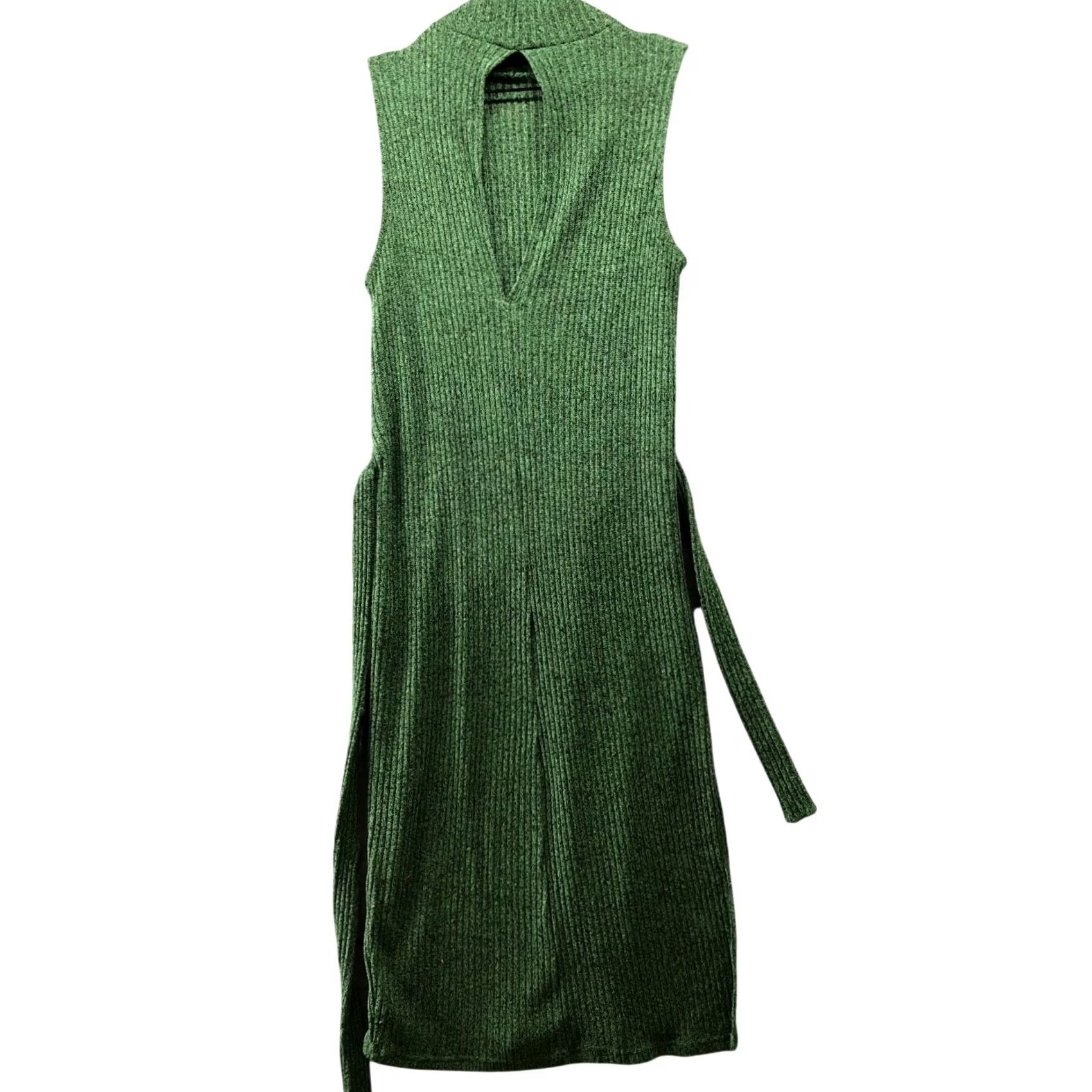 Asos ASOS Knit Sleeveless Mock Neck Sweater Dress Womens 8 Green Side Slit Tie Waist Size M / US 6-8 / IT 42-44 - 2 Thumbnail