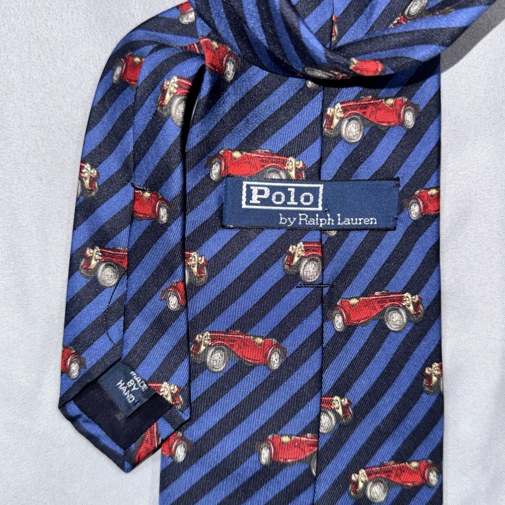 Polo Ralph Lauren VINTAGE Polo by Ralph Lauren Tie Men One Size Blue Striped Silk Car Motif Historic 100% Silk Size ONE SIZE - 2 Thumbnail