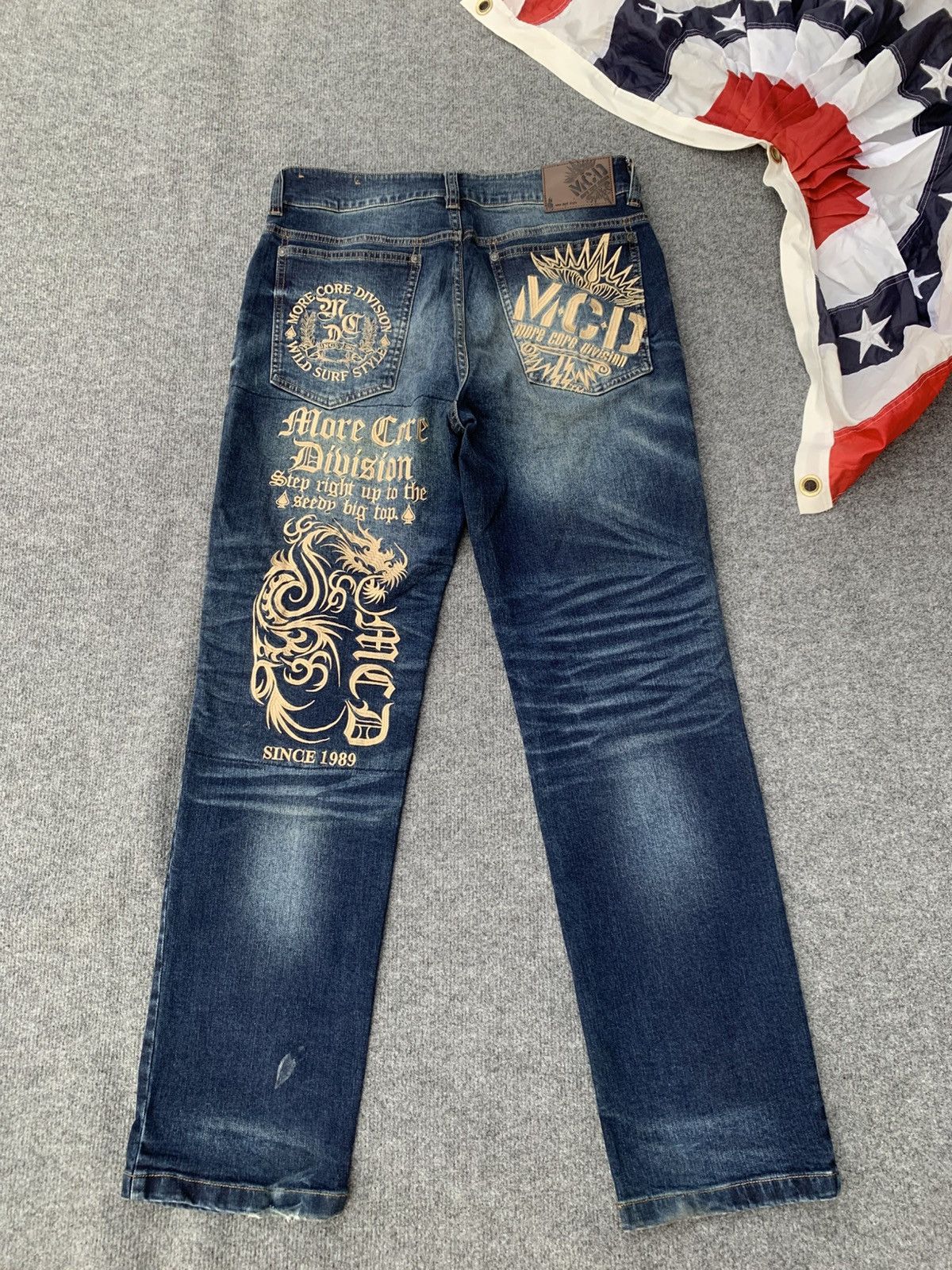 Japanese Brand MCD More Core Division Embroidered Dragon Denim Jeans. Size US 32 / EU 48 - 2 Thumbnail
