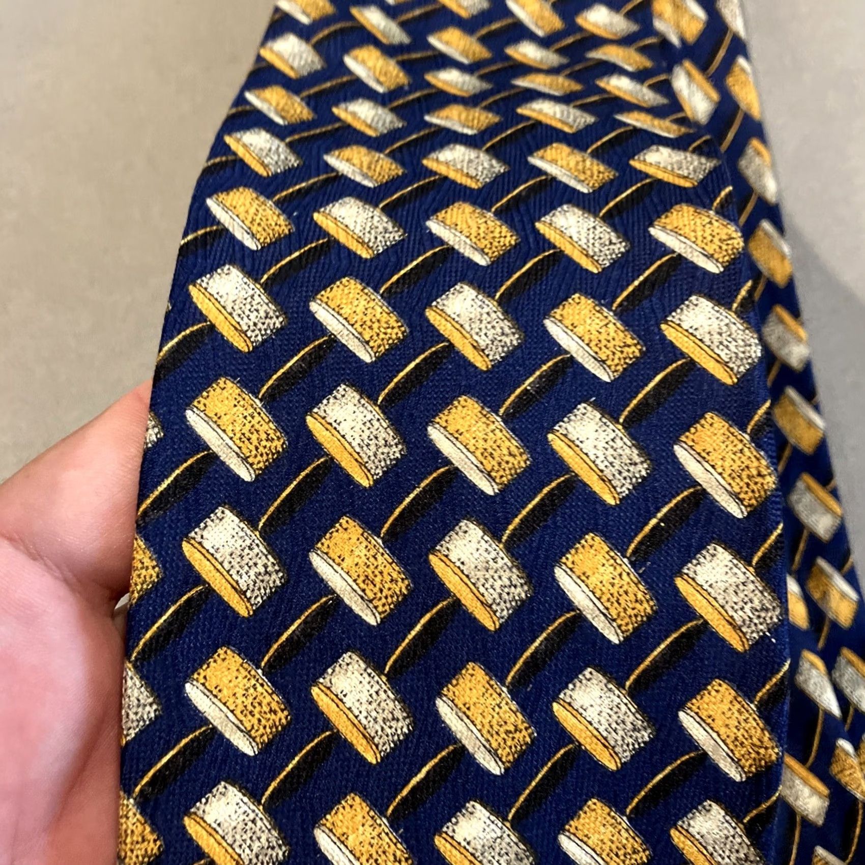 Valentino VINTAGE Valentino Cravatte Collection Tie Navy White Yellow Pattern Men Blue Geometric Tie Size ONE SIZE - 2 Thumbnail