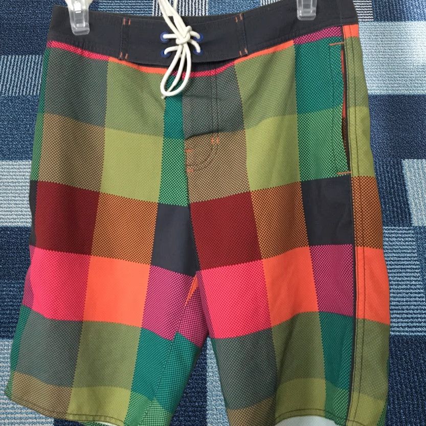American Eagle Outfitters American Eagle Outfitters Board Shorts Men XS Color block Neon Plaid Swim Trunks Microfiber Polyester Beach Pockets Regular Multicolor Mens XS Size US 27 - 1 Thumbnail