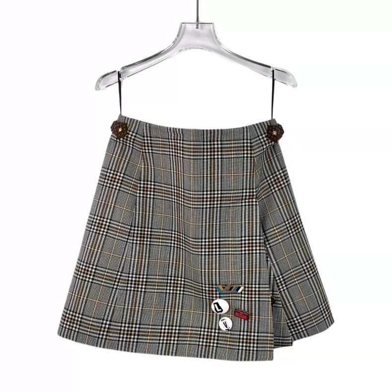 Louis Vuitton Color-block buttoned plaid wool casual skirt