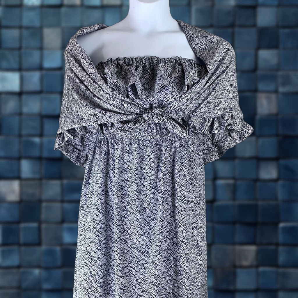 VINTAGE Handmade Mini Dress & Shawl Set Size S Blue White Polka Dot Bohemian Womens