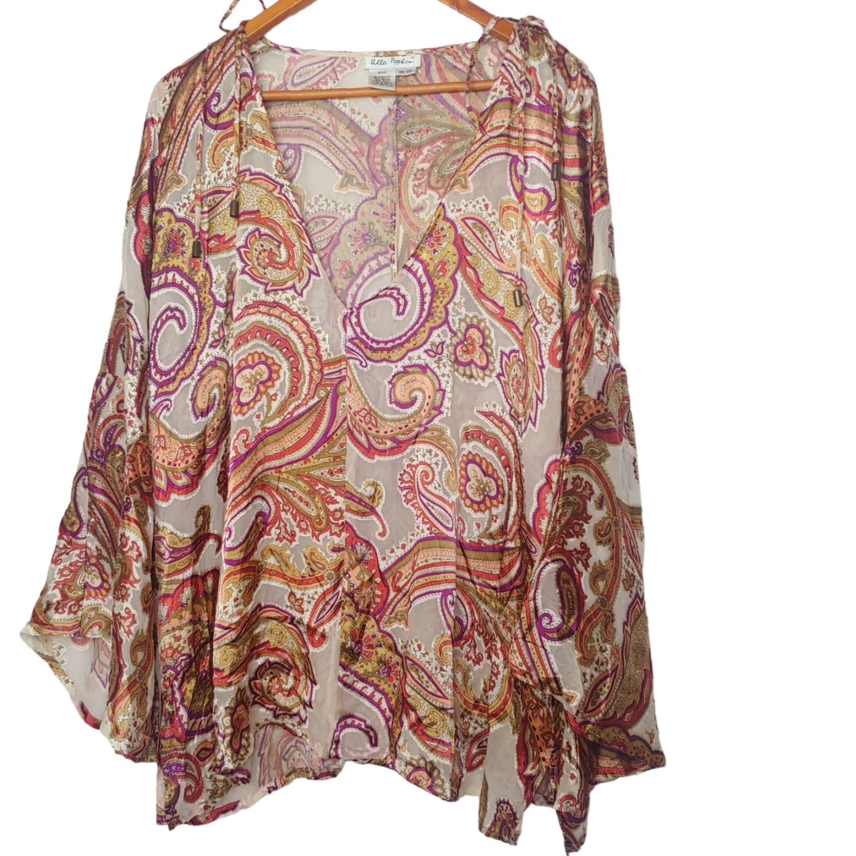 Vintage Ulla Popken Plus Size Blouse 20/22 Brown Paisley Long Sleeve V-Neck Bell Sleeve Rayon Silk Womens Size 3XL / US 20-22 - 2 Thumbnail